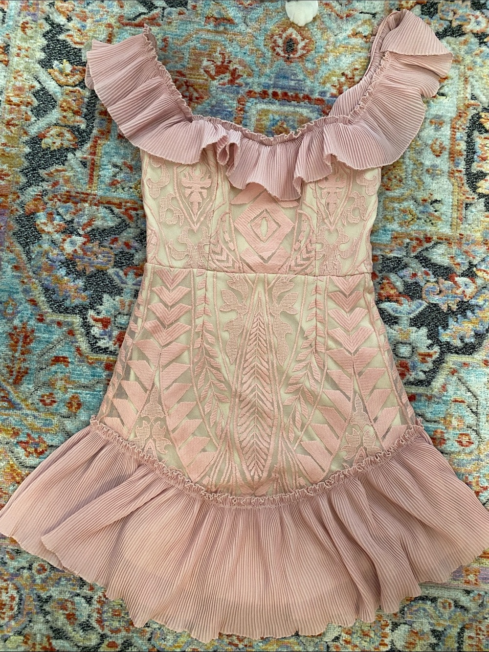 Pink Ruffled Embroidered Mini Dress